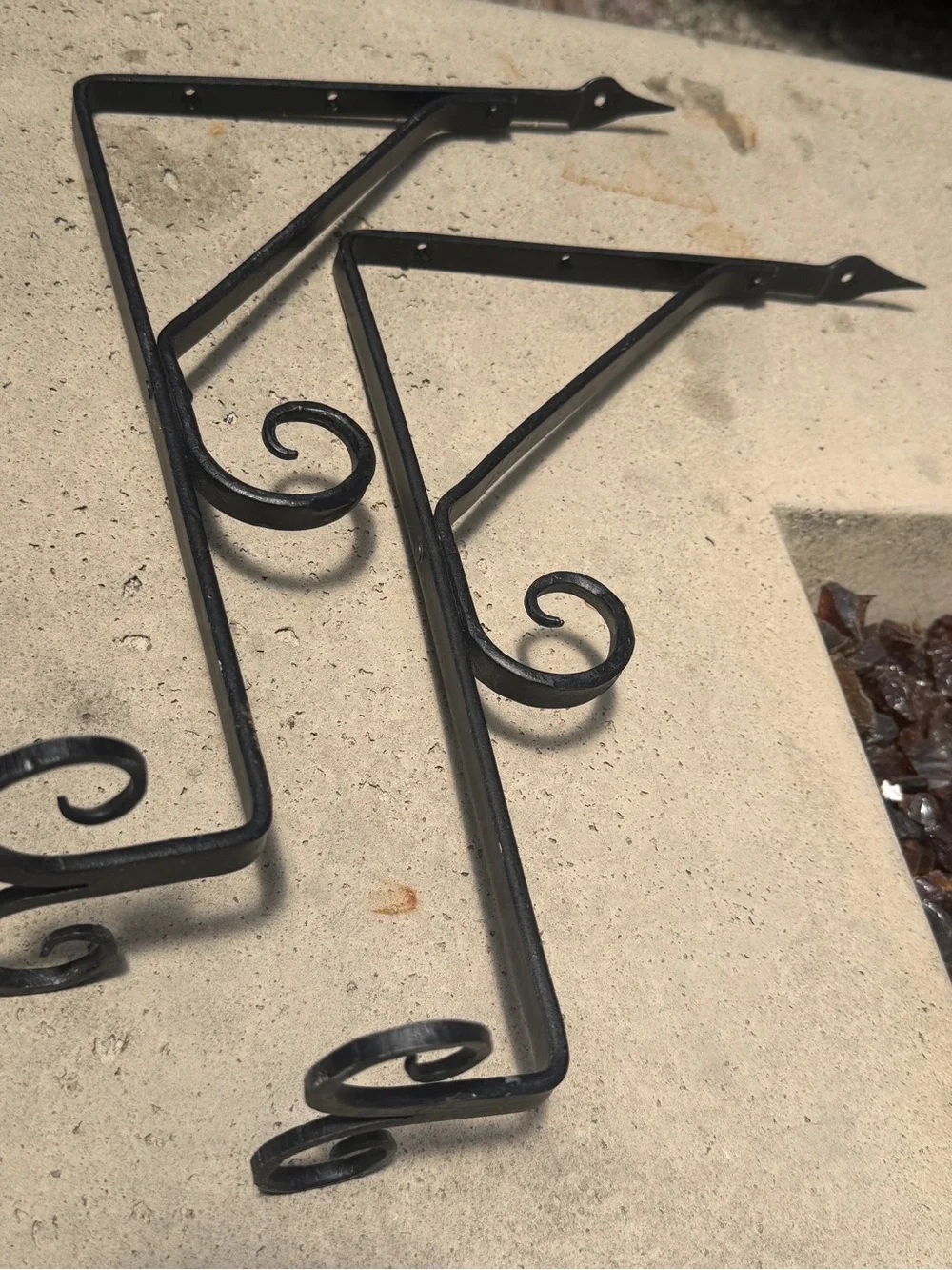 Set of 2 Rustic Brown Cast Iron Scroll Wall Shelf Brackets / Plant Hangers